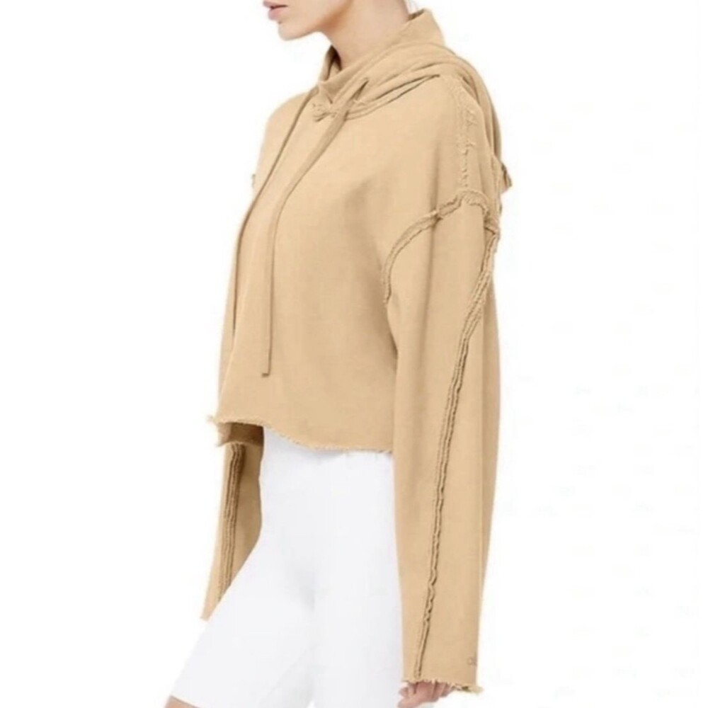 Alo Yoga Effortless Cropped Hoodie Womens Sz M Taupe Cotton Blend Raw Edge